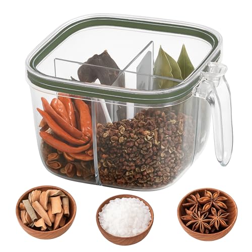Image of Silicone, Plastic 4 in 1 Seasoning Box with Lid and Spoons, Masala Rangoli Dabba Box Set, 4 Compartments Spice Jar Sealed Condiment Container for Home Kitchen, Pack Of 1, Green