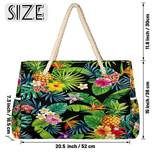 Bolsa de praia feminina com flores tropicais, abacaxi, folhas de palmeira, impermeável, bolsa de pis