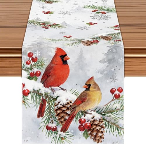 Winter Cardinals Table Runner, Christmas Holiday Decor with Pine Cones