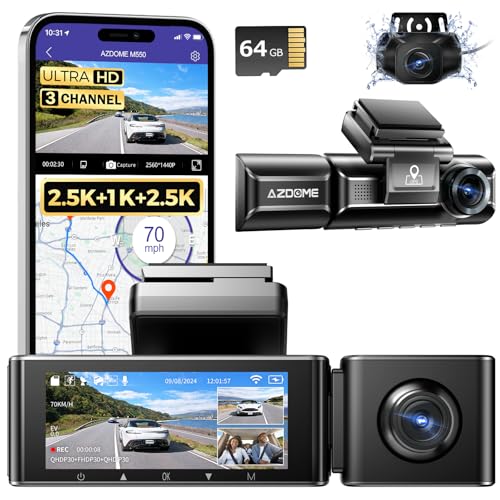 AZDOME M550 3 Channel Dash Cam, 4K+2.5K Front and Rear, 2.5K+1080P+2.5K Front Rear Inside Triple Car Camera Built-in WiFi GPS, 64GB Card Included, 3.19' Screen, WDR IR Night Vision, 24H Parking Mode