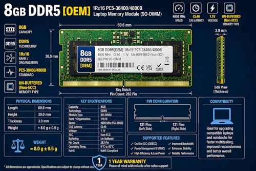 Image of 8GB DDR5 4800MHz OEM Laptop RAM Compatible with Samsung [Key Specs: PC5-38400 /4800B | 262-Pin SO-DIMM | CL40 | 1Rx16 | 1.1V | Non-ECC] | 1 Year Seller Warranty
