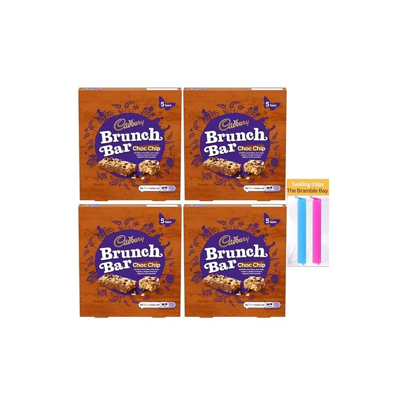 Brunch Bars Bundle contains Cadbury Choc Chip Pack of 4 x 5s, Total of 20 Bars, Food Sealing Clips x2