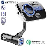 Car Bluetooth 5.0 FM Transmitter, Dual USB Car Charger, Wireless Bluetooth Car Radio Adapter Transmitter QC 3.0 Fast Charge Support TF Card AUX Port