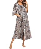 Ekouaer Robe for Women Zipper front Robes 3/4 Sleeve House Dress with Pockets Full Length Nightgown Housecoat,Leopard,L