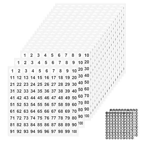 WOKICOR Lot de 52 feuilles d'autocollants numérotés de 1 à 100 autocollants ronds de 1 cm - Convient pour les maisons privées, les écoles, les bureaux et...