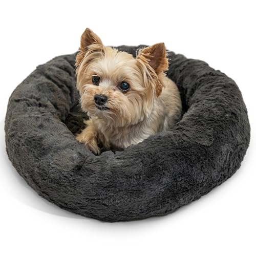 Image of Best Friends by Sheri The Original Calming Donut Dog Bed for Extra-Small Dogs up to 10 lbs, Lux Faux Fur, Mink Dark Gray, 18 inch x 18 inch