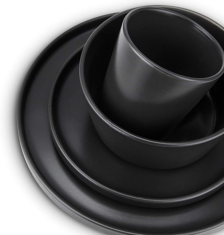 TRP 16 Piece Black Stoneware Dining Set - Includes Dinner Plates, Salad Plates, Bowls, and Cups