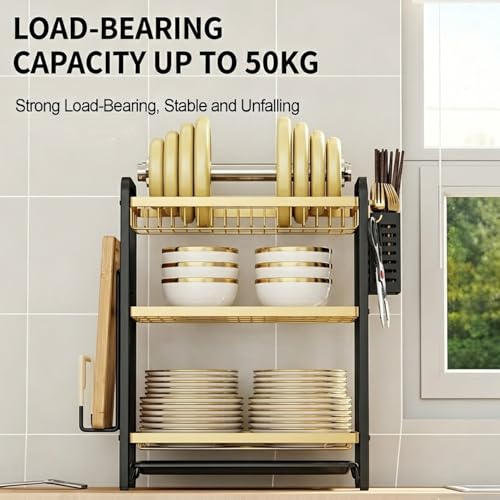 Image of COMFYHOME Dish Drying Rack, 3-Tier Wrought Iron Space-Saving Kitchen Dish Drainer with Drainboard & Utensil Holders, Rustproof Counter Organizer for Plates, Utensils, Bartan