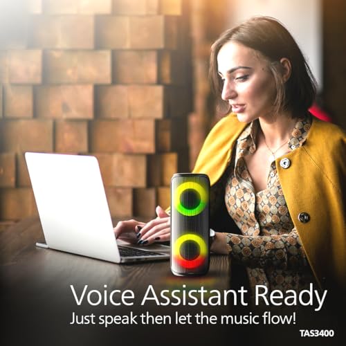 Image of Philips TAS3400BK Portable Bluetooth Speaker with 40W Output, 4000mAh Battery, Stereo Sound, Bluetooth v5.3, IPX5 Sweatproof, RGB Light Modes, Mesh Build, AUX /TF /USB Support w /Hanging Strap (Black)