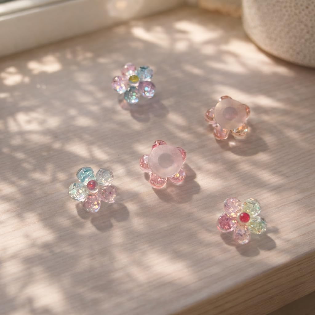 5PCS Crystal Flower Shoe Charms for Clog Shoes and Bogg Bag, Acrylic Daisy Charms with Soft Clear Button Back, Glitter Floral Decorative Accessories image 4