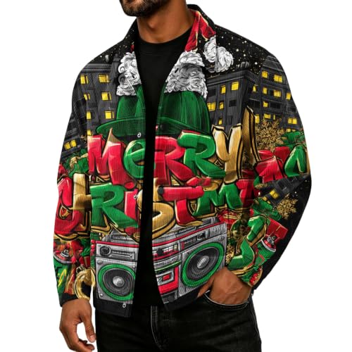 Corduroy Jacket Men Christmas Print Streetwear Turn Down Collar Retro Coat - image 2