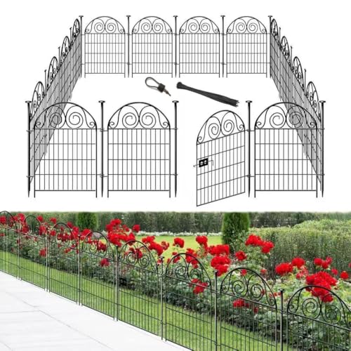 Getlay Tall Garden Fence Animal Barrier with Gate, 40 in(H) 12 Panels Garden Fences and Borders for Dogs, Dog Fence Outdoor for Yard, Total Length 26.2 Ft Metal Temporary Fencing│Patented