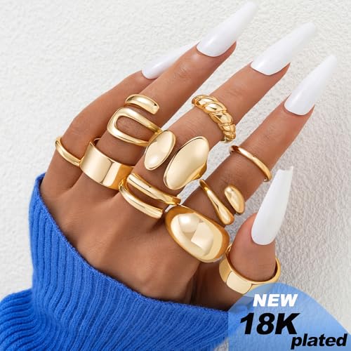 f me 10 pcs gold rings set for women non tarnish 18k gold plated chunky stackable rings statement stacking womens ring pack