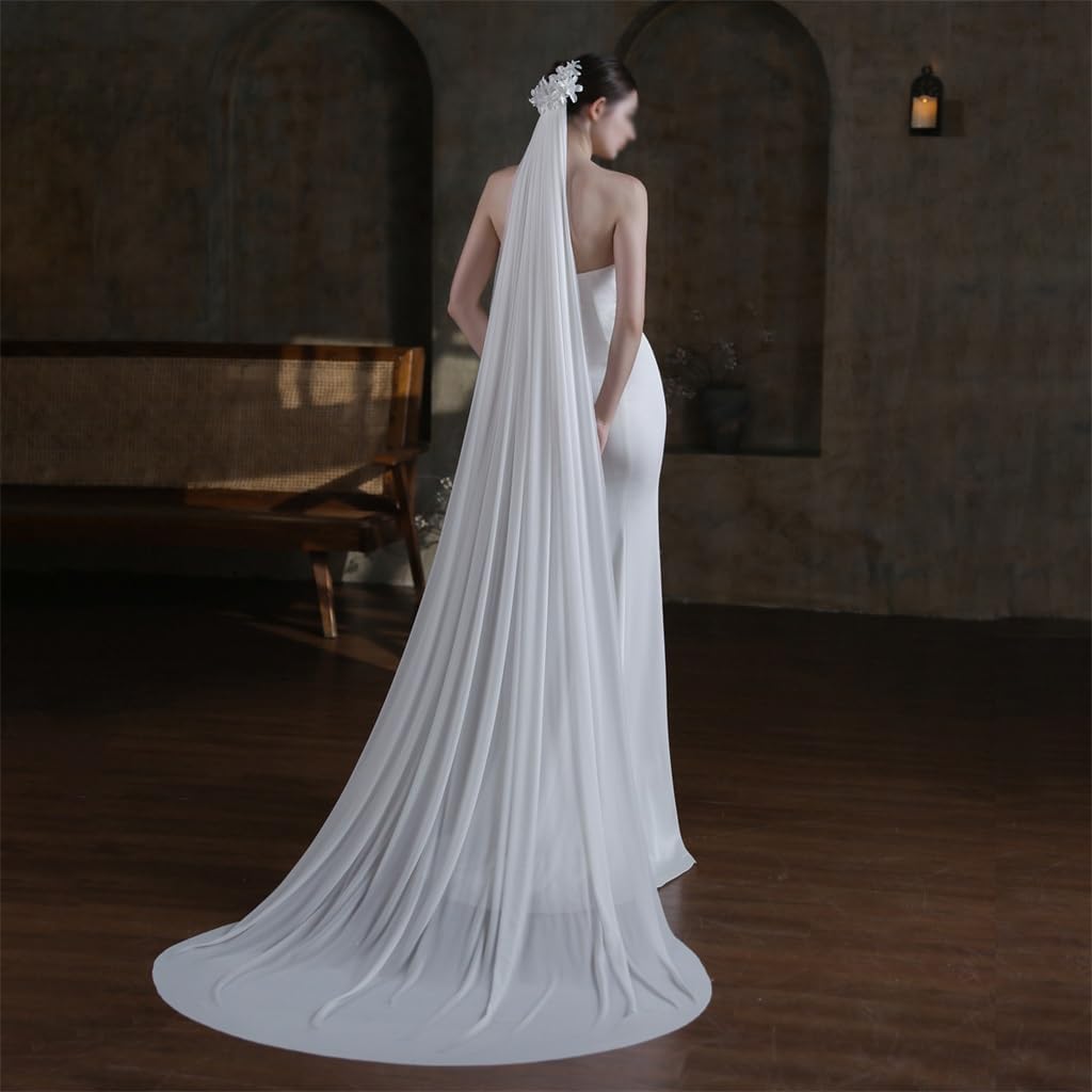 Long Spandex mesh Bridal Headdress with White Flower Tail Church Travel Photo Wedding Headdress