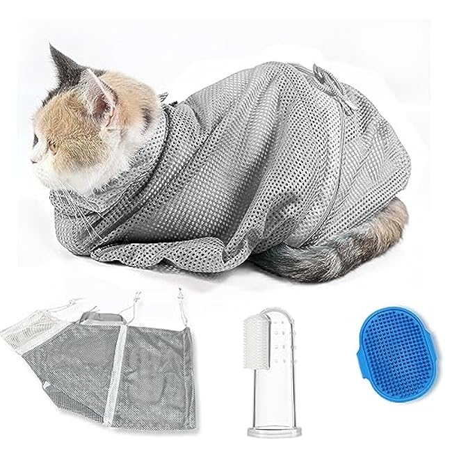 Adjustable Multifunctional Anti-Bite Shower Net, Cat Grooming Mesh Bag, Bath Brush and Pet Finger Toothbrush - B-Grey-5gNW0W9B