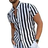 Mens Casual Button Shirt,Men Shirt Stripe Contrast Color Stand Collar Single-Breasted Summer Top for Work - Black M