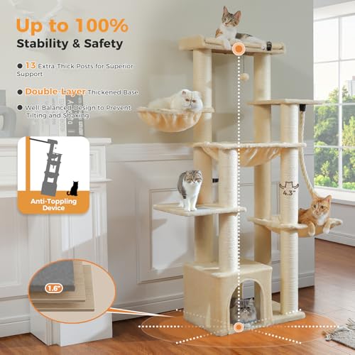 Image of MUTTROS Heavy Duty Cat Tree-67 Tall Cat Tower for Indoor Cats Large Adult with 7 Thick Sisal Scratching Posts (φ4.3), Multi-Level Condo, Big Perch & Hammocks for Maine Coon 20 lbs -Beige