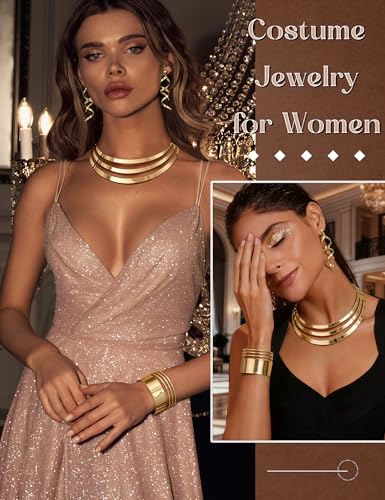 LOLIAS 3 Stück Gold Lätzchen Choker Halskette Set für Frauen Breite Manschette Armreif Armbänder Statement Baumeln Ohrringe Oberarmbandmanschette Handgelenkmanschette Festival Schmuck