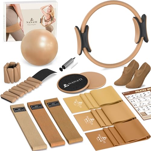 NANATI Pilates Kit with Ankle Weights Pilates Essential Kit for Women Pilates Equipment with 14.5 Pilates Ring and Ball Resistance Bands Sliders & Grip Socks for Starter Home Workouts (Mocha Pro)