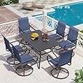 PHI VILLA 7 Piece Outdoor Patio Dining Set, Large Metal Table (1.57'' Umbrella Hole) and 6 Swivel Dining Chairs with Textilene Mesh Fabric, All Weather Patio Furniture Set for Deck Lawn Garden (Blue)