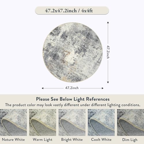 Lahome Modern Abstract Round Rug - 4Ft Grey Small Bathroom Rug Indoor 4x4 Circle Rugs Washable Kitchen Mat, Non Slip Contemporary Bedroom Carpet for Living Dining Room Office Nursery