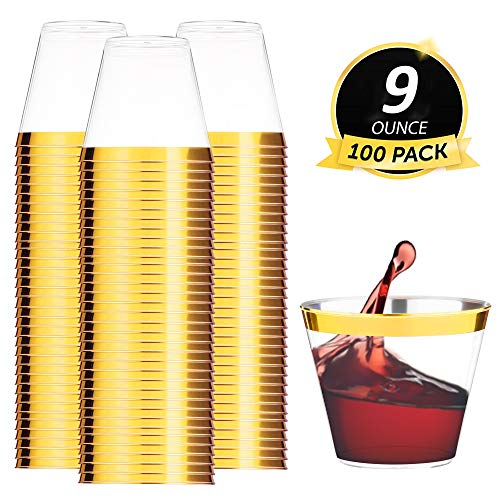 100 Gold Rimmed Plastic Cups | 9 oz Disposable Wine Cups | Plastic