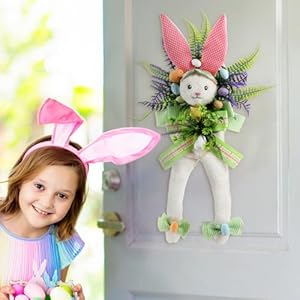 Easter Wreath, Front Door Spring Decoration, 21 Inches Large Size Easter Bunny Wreath Wall Window Decor, Handmade Rabbit Flower Garland Home Farmhouse Decorations, with 1 Hook Up (Bunny Wreath) Easter Wreath Front Door Spring Decoration 21 Inches Large Size Easter Bunny Wreath Wall Window Decor Handmade Rabbit Flower Garland Home Farmhouse Decorations with 1 Hook Up Bunny Wreath