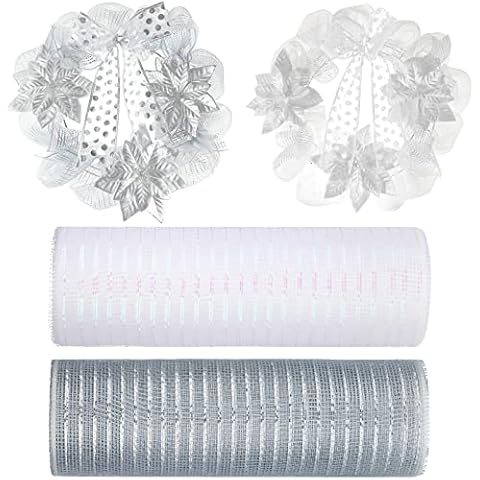 2 Pieces Poly Mesh Ribbon Metallic Foil Mesh Ribbon Decorative Polyester Mesh Ribbon for Wreath Pendant Christmas Tree Halloween Decorative Mesh, 10 Inch x 30 feet (White, Gray) Cover