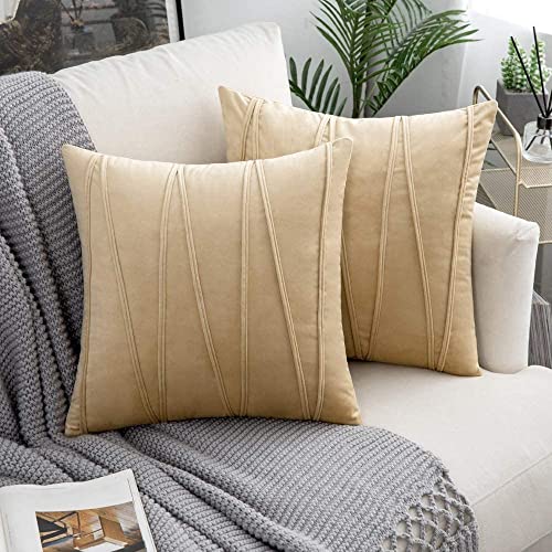 Image of Khooti Velvet Striped Cushion Cover Pack of 1-20 inch x 20 inch / 51 x 51 cm | Wheat | Soft Pillow Covers Cushion Case for Sofa Bedroom Livingroom Chair Car, Cushion Cover with Zig Zag Pattern
