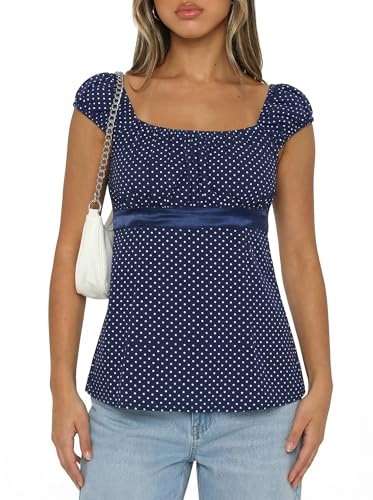 Womens Babydoll Tops Y2k Fairy Baby Doll Tops Cap Sleeve Polka Dot Top with Adjustable Waist Tie Flowy Preppy Summer Top