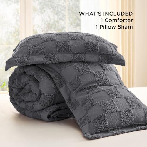 Image of Bedsure Twin /Twin XL Comforter Set Dark Grey, Boho Tufted Bed Set, Checkered Farmhouse-Style Distressed Vintage Bedding, 2 Pieces, 1 Plaid Geometric Comforter and 1 Pillow Sham