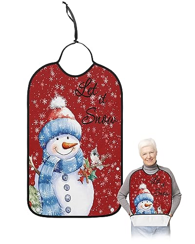 Christmas Snowman Adult Bibs for Eating, Waterproof Bibs with Food Catcher & Adjustable Snap Closure, Xmas Birds Winter Snowflake Red Washable Clothing Protectors Adult Bibs for Elderly Women/Men