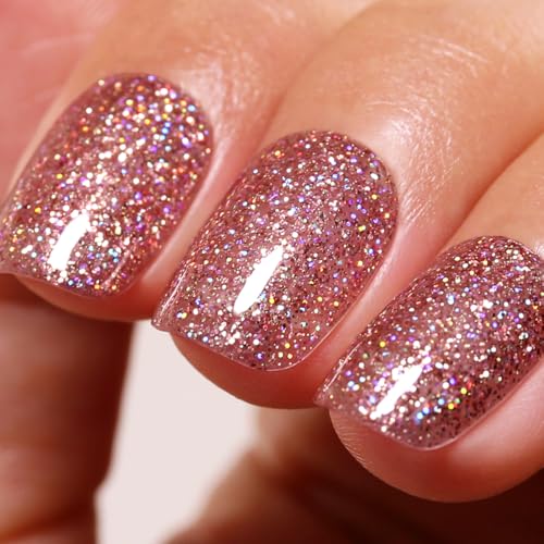 Ozzeal Smalto Semipermanente Glitter, Oro Rosa Iridescente Glitterato Unghie Autunno Inverno Gel Nail Polish Scintillio e lucentezza Smalto Gel Unghie Manicure 15ML