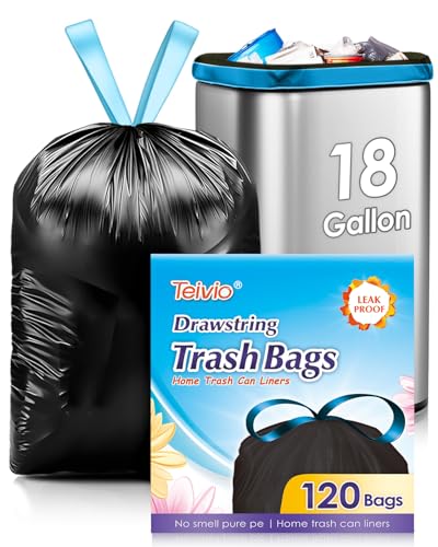 18 Gallon 120 Counts Strong Drawstring Trash Bags Garbage Bags by Teivio Bathroom Trash Can Bin Liners Plastic Bags for home office kitchen Black