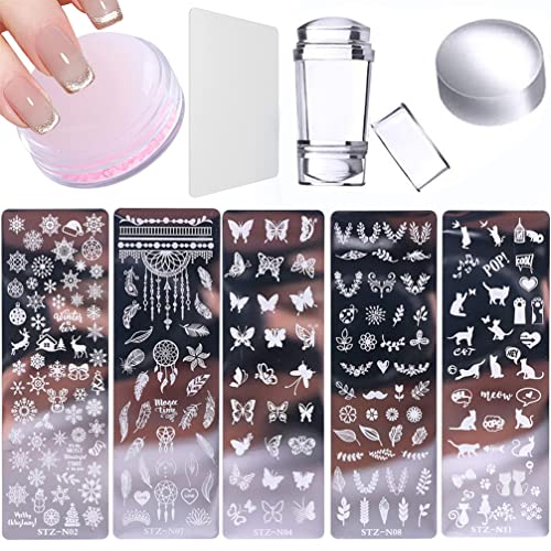 8 Pcs Nail Stamp Template Kit, with 1 Stamper 2 Clear Jelly Silicone Nail Stamper for DIY Nail Decor Easy French Style Nail Art Designs, Nail Stamper Stencil Plates Set Manicure Nail Supplies