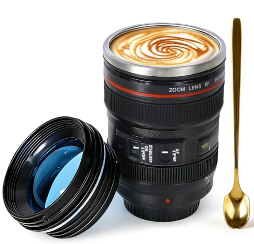 Hioicrum Camera Lens Coffee Mug, Travel Coffee Cup, 13.5 oz Stainless Steel Coffee Mug with...