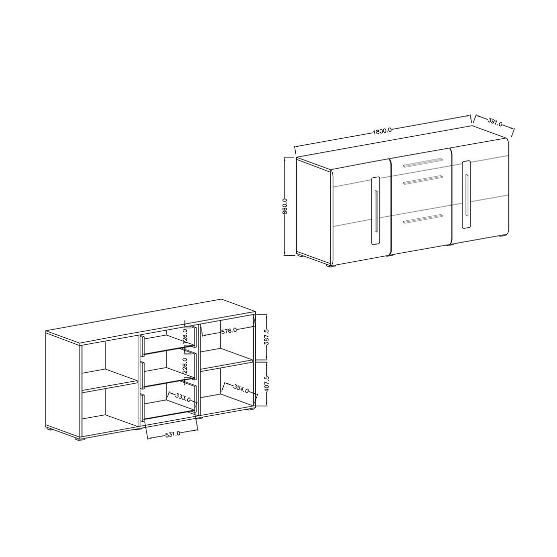 Meublorama Buffet diseño 180cm. Colección Breda Dos Puertas y Tres cajones. Color Roble.