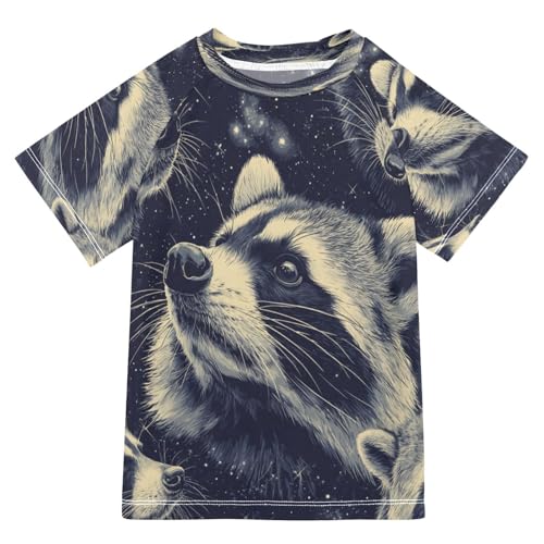 Boys Short Sleeve T-Shirts Animal Portrait Raccoons Rashguard Kids Swim Shirts Sun UPF 50+