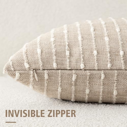 Image of Foindtower Pack of 2 Decorative Jacquard Boucle Throw Pillow Covers Accent Textured Striped Pillowcases Soft Boho Modern Cushion for Couch Sofa Bedroom Living Room Home Decor 20x20 Inch Natural Beige