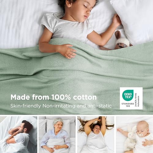 Image of Bedsure 100% Cotton Blanket, Herringbone Weave, Oversized King, Sage Green