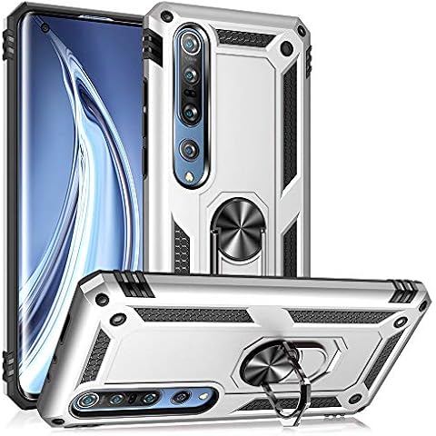 NALIA Ring Cover compatible with Xiaomi Mi 10 / Mi 10 Pro Case, Shockproof Kickstand Mobile Skin with 360° Finger Holder, Protective Hardcase & Silicone Bumper, for Magnetic Car Mount, Color:Silver Cover