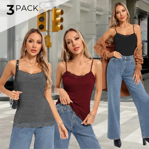 Image of Kate Kasin Women's Adjustable Spaghetti Strap Lace Trim Cami Tunic Tank Top 3PACK