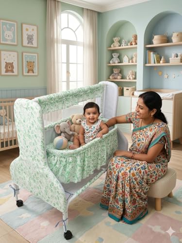 Image of Kiddery Baby Cradle Series Supernova Green Bassinet with Mosquito Net