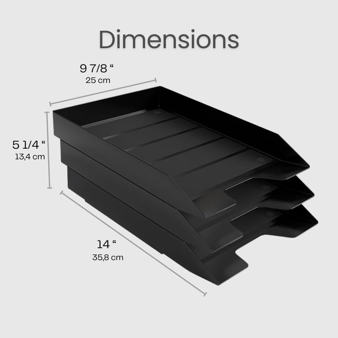 Acrimet 3 Tier Paper Organizer Letter Tray - Plastic Stackable Desk File Organizer, Front Load Paper Sorter Organizer for Letter/A4 Office File Folder Holder - Black