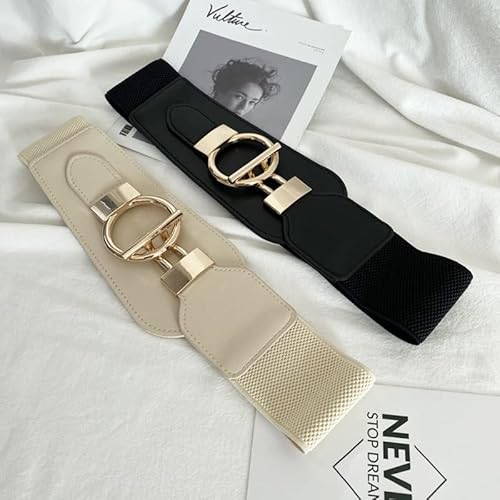 Xwwdp Wide Corset Belt Gold Buckle Nylon Belt For Women Beige Black Coat Dress Waist Belts Elastic Female Waistband (Color : A, Size : One Size) #TOP4