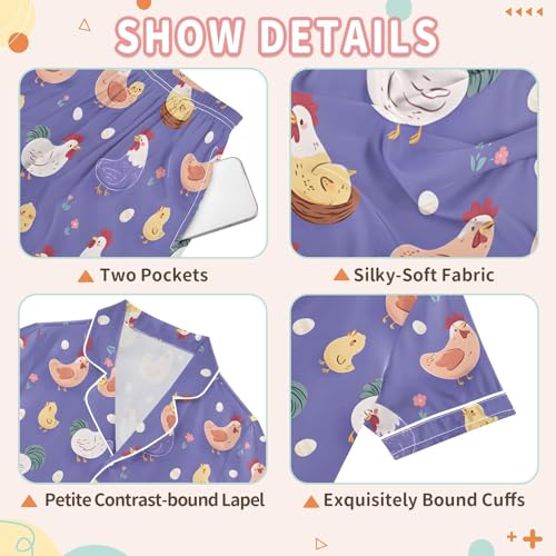 Purple Chicken Hen Pattern Pajamas Set Soft Satin Pjs Sets 2 Piece Short Sleeve Sleepwear Casual Loungewear3