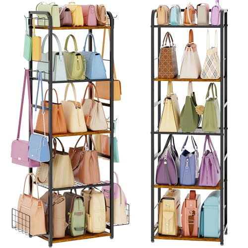 Tall 5-Tier Purse Organizer for Closet, Purse Rack Stand for Purse Storage, Metal & Wood Handbag Organizer with 4 Side Hooks and 2 Baskets, Space-Saving Narrow Purse Shelf for Small Space, Bedroom