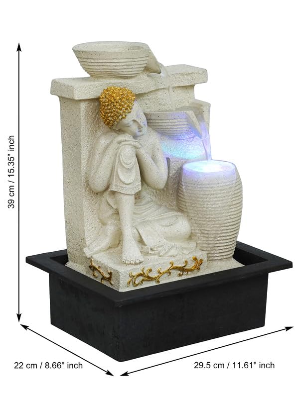 Image of Polyresin Cream Elegant Buddha Sitting in Rest Position Tabletop Indoor Waterfall Fountain for Home Decor with LED Light Water Flow Control Pump (Size: 39 x 22 x 29.5CM | Wt: 2200Gram)