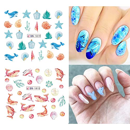 Ocean Nail Art Stickers Decals Summer Sea Nail Decoration Water Transfer Shell Crab Starfish Turtle Whale Seaweed Exquisite Design Cute Cartoon Nail Supplies Diy For Women Girls 12 Sheets #TOP7