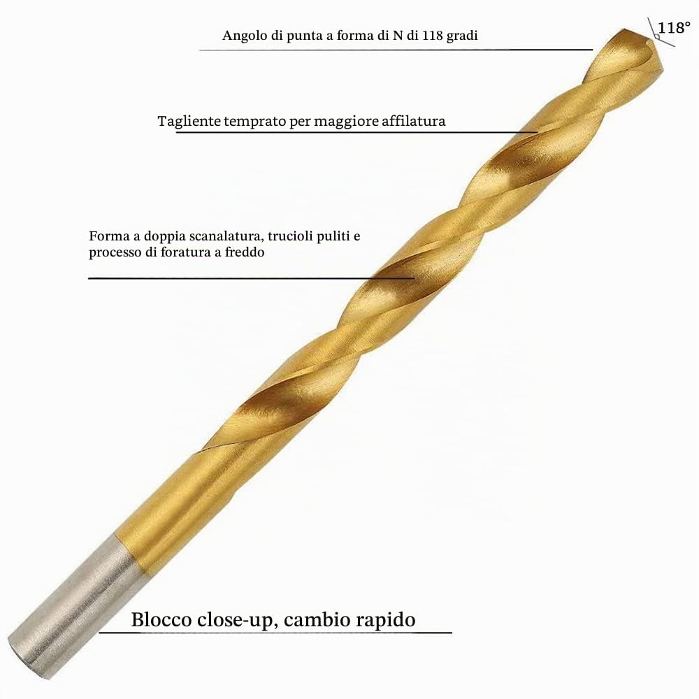 Set di 170 punte elicoidali in titanio, in acciaio ad alta velocità con punta a 118°, dimensioni da 1,0 mm a 10 mm, DIN338, foratura ideale in acciaio inox/acciaio/legno/ghisa/alluminio